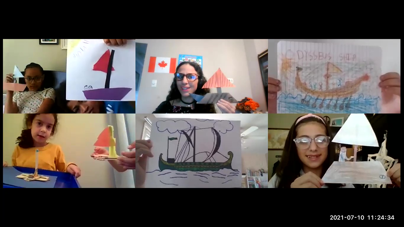 Ellinopoula students and their teacher during a Live Online Class making papers boats